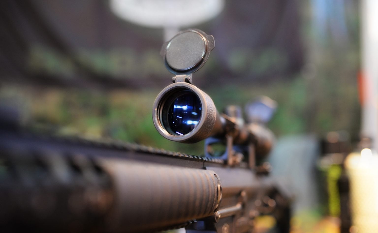 Close up view of a rifle scope