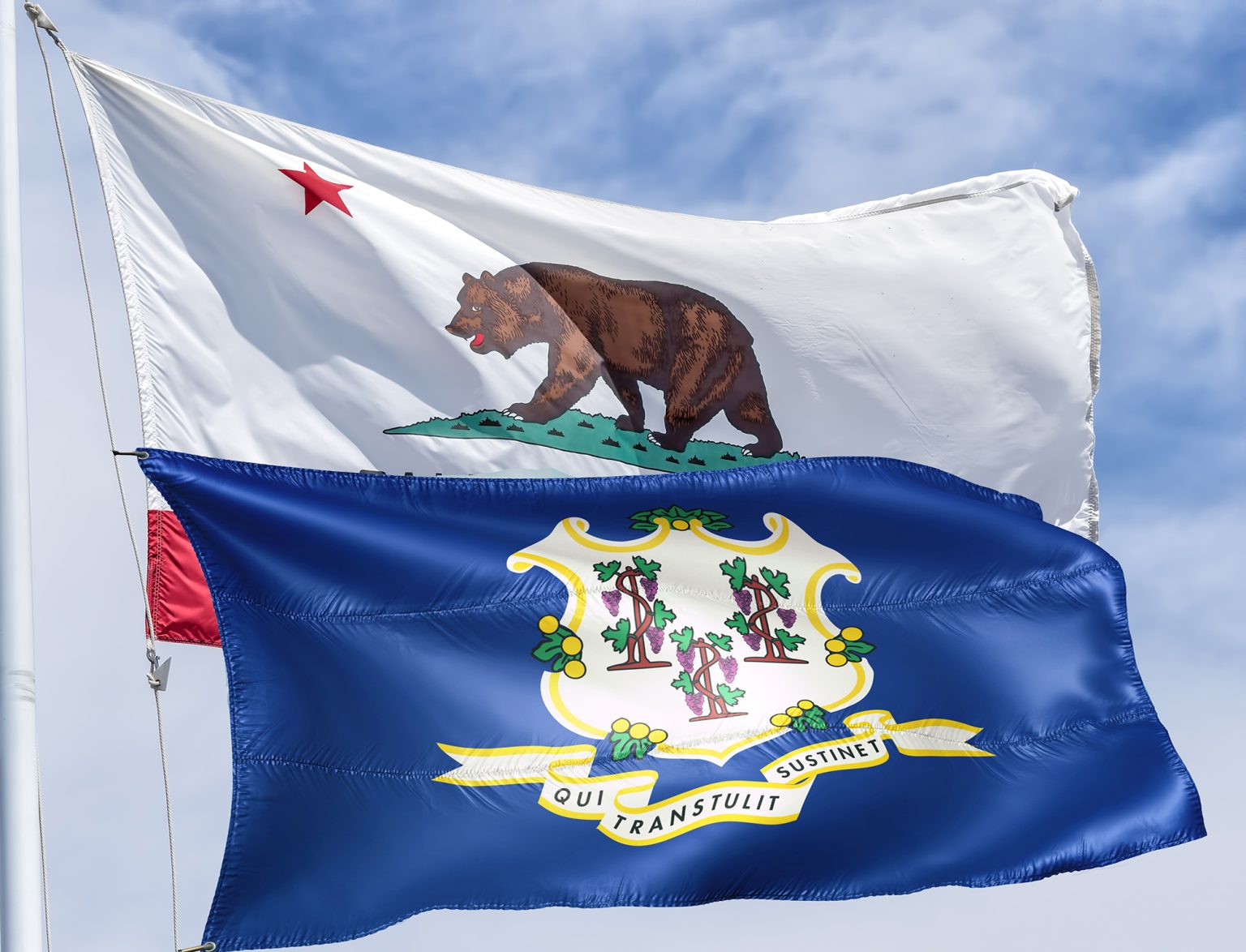 California and Connecticut flags on a flagpole