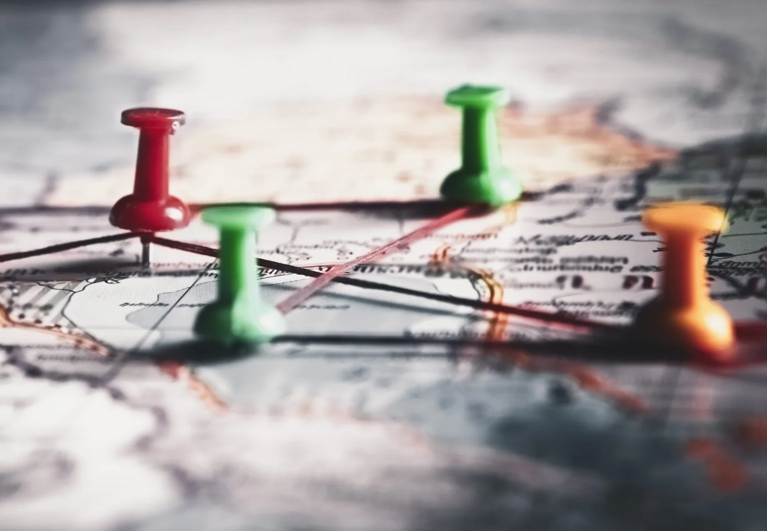 Map destinations marked by colored thumbtacks