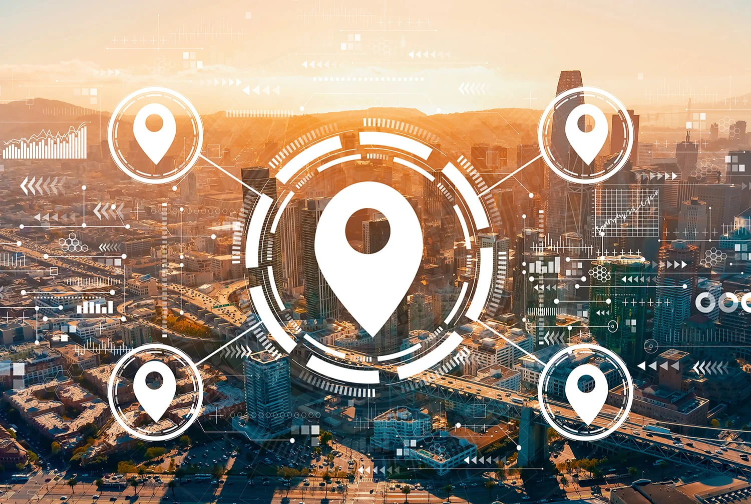 Map pin concept with downtown San Francisco skyline buildings