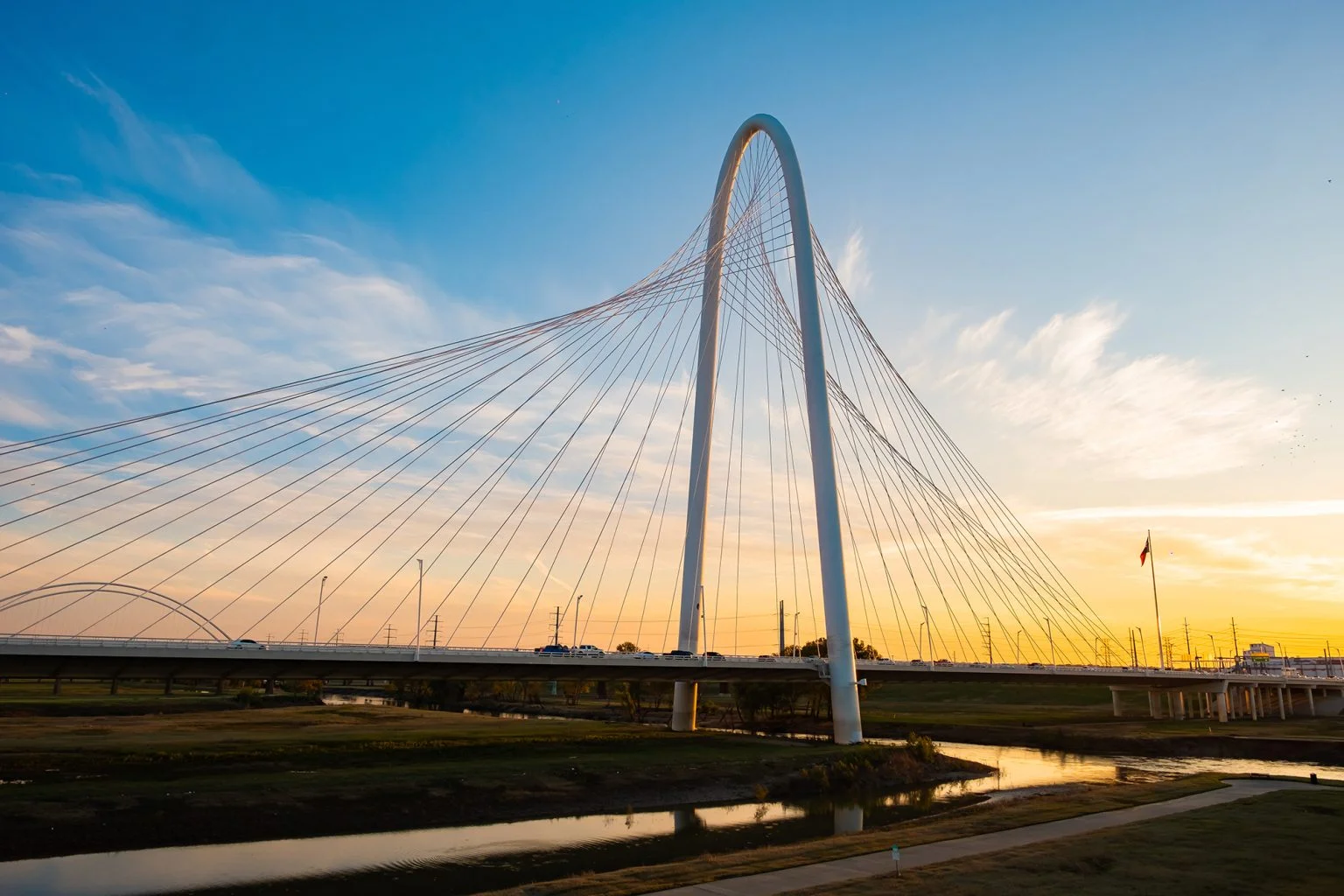 Margaret Hunt Hill Bridge at sunset in Dallas, Texas