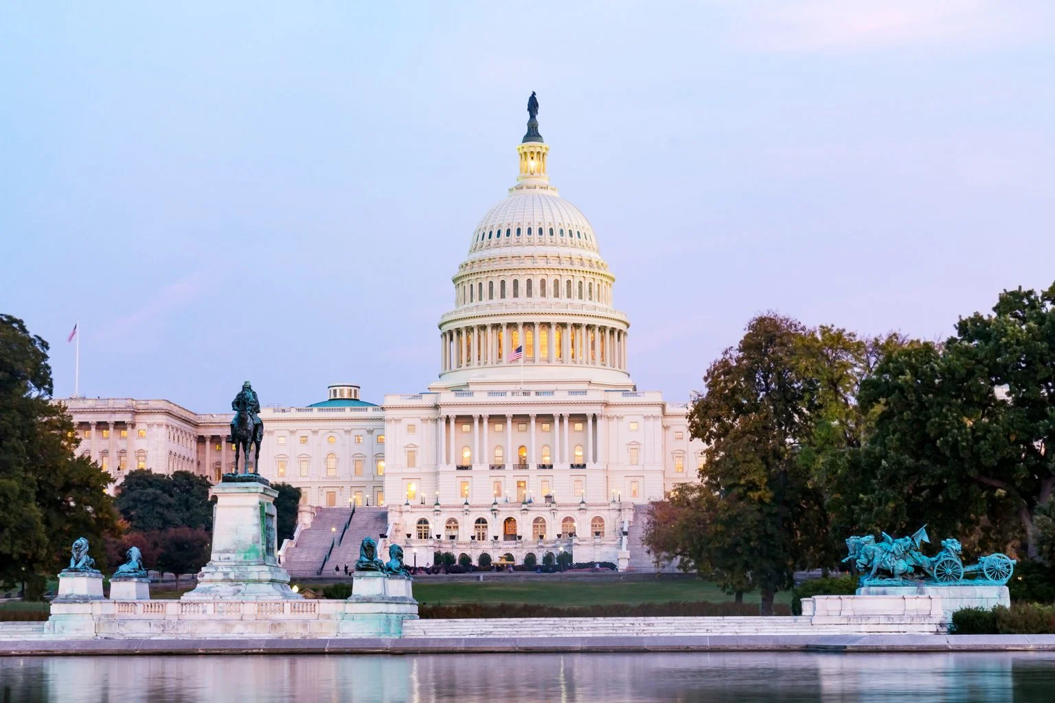 The United States capitol builing on evening. View from the reflection pool