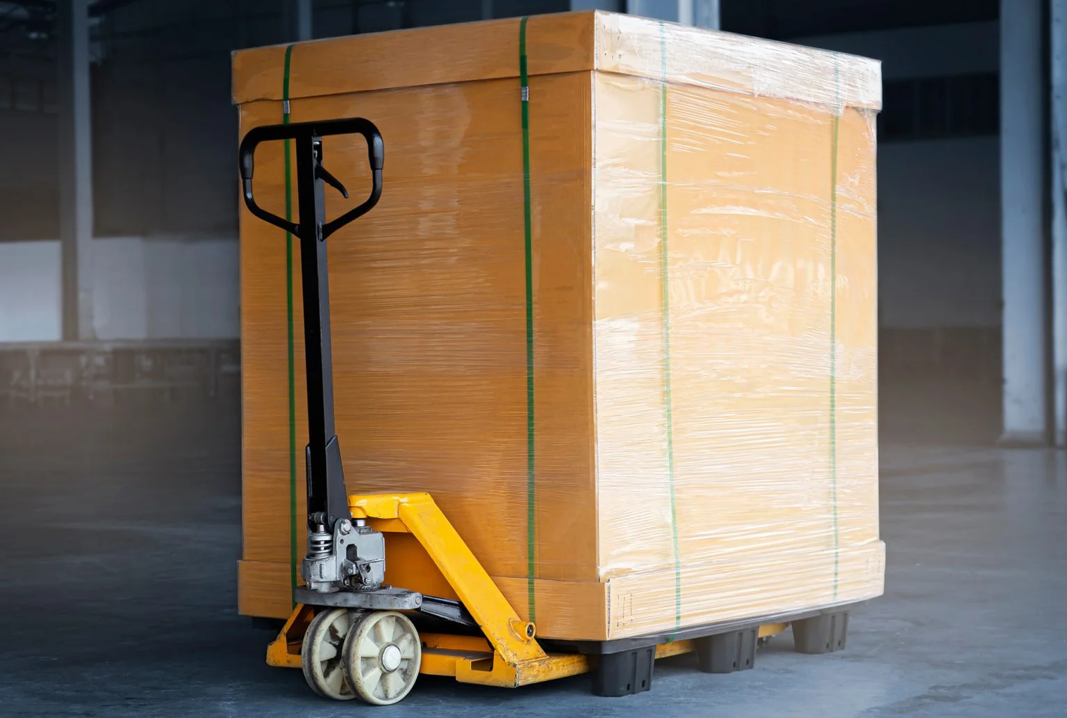 Cargo Pallet Boxes Wrapped Plastic on Pallet with Hand Pallet Truck