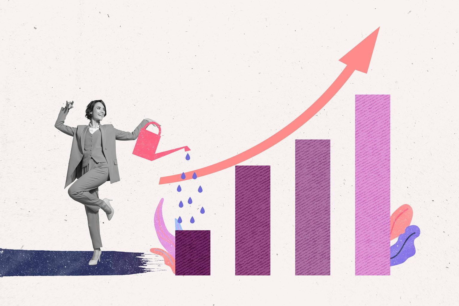Businesswoman watering a bar graph that is showing an increase with an upward arrow