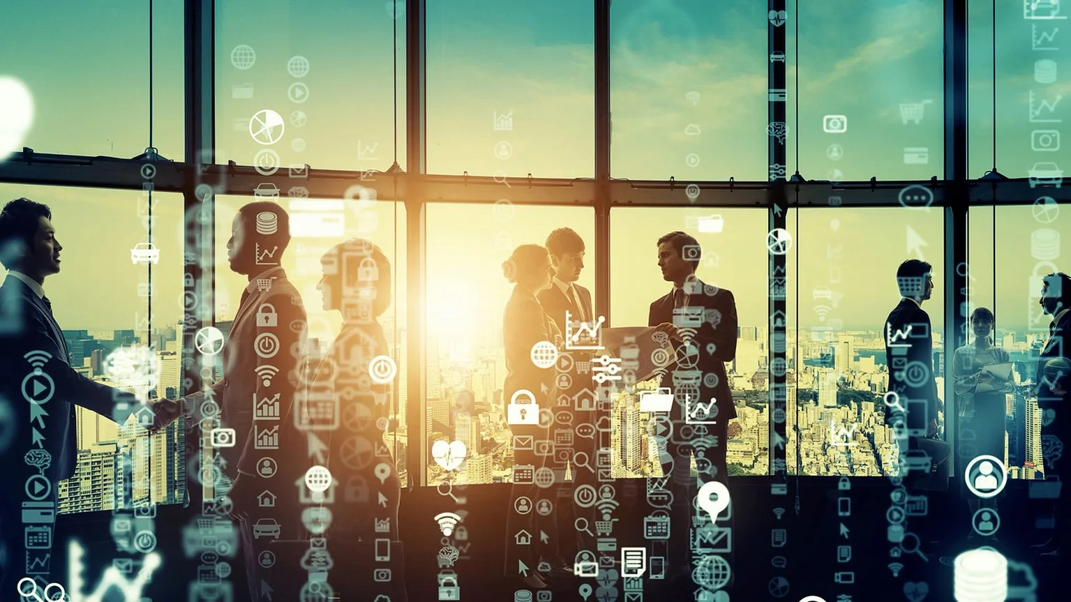 Workers in front of a large window with various human resources icons in the foreground