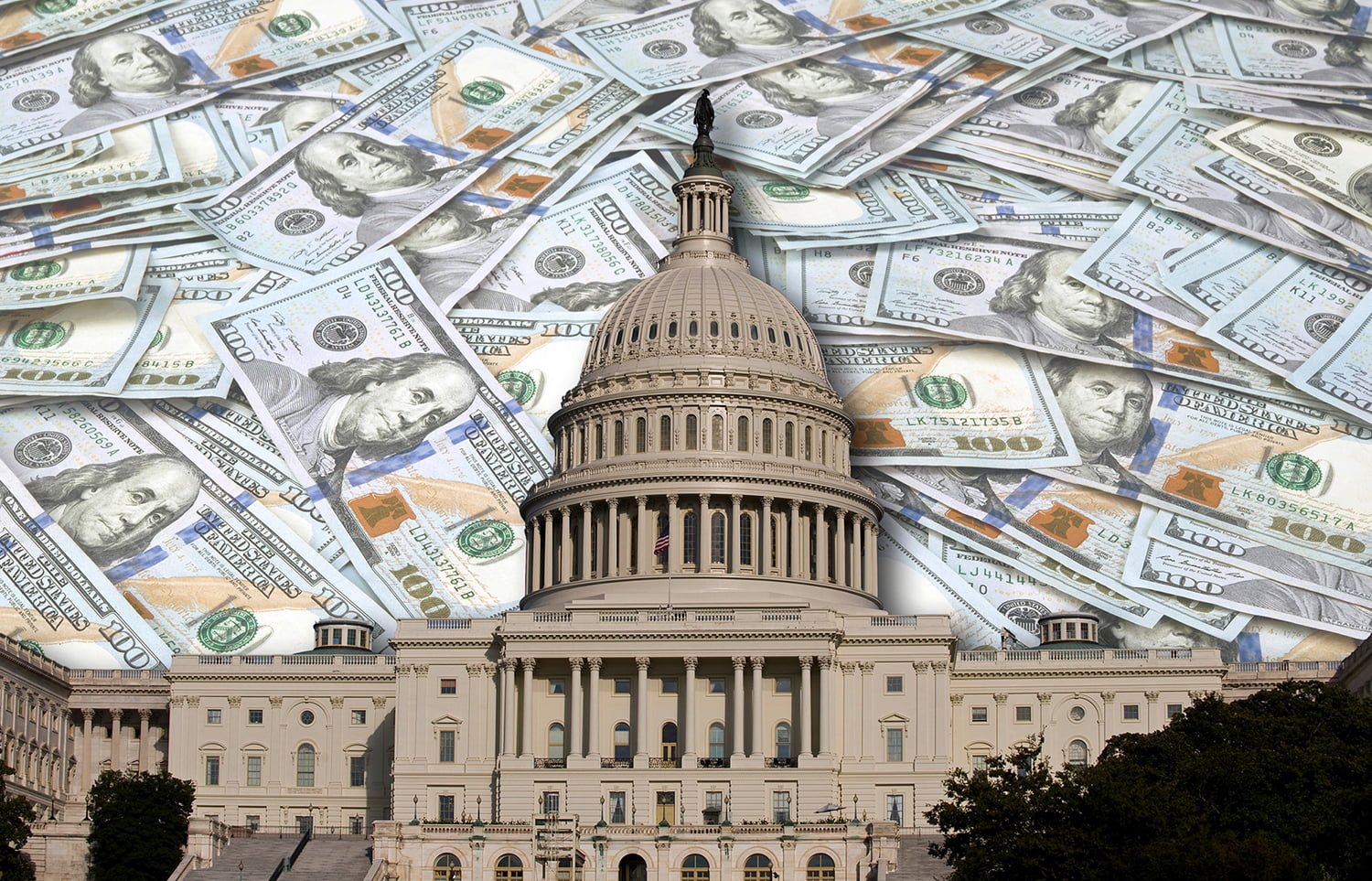 Photo of the US Capitol building with cash in teh background