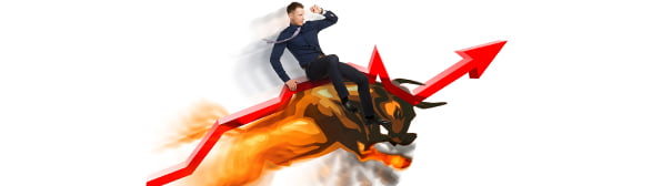 Man riding a bull with an upward arrow