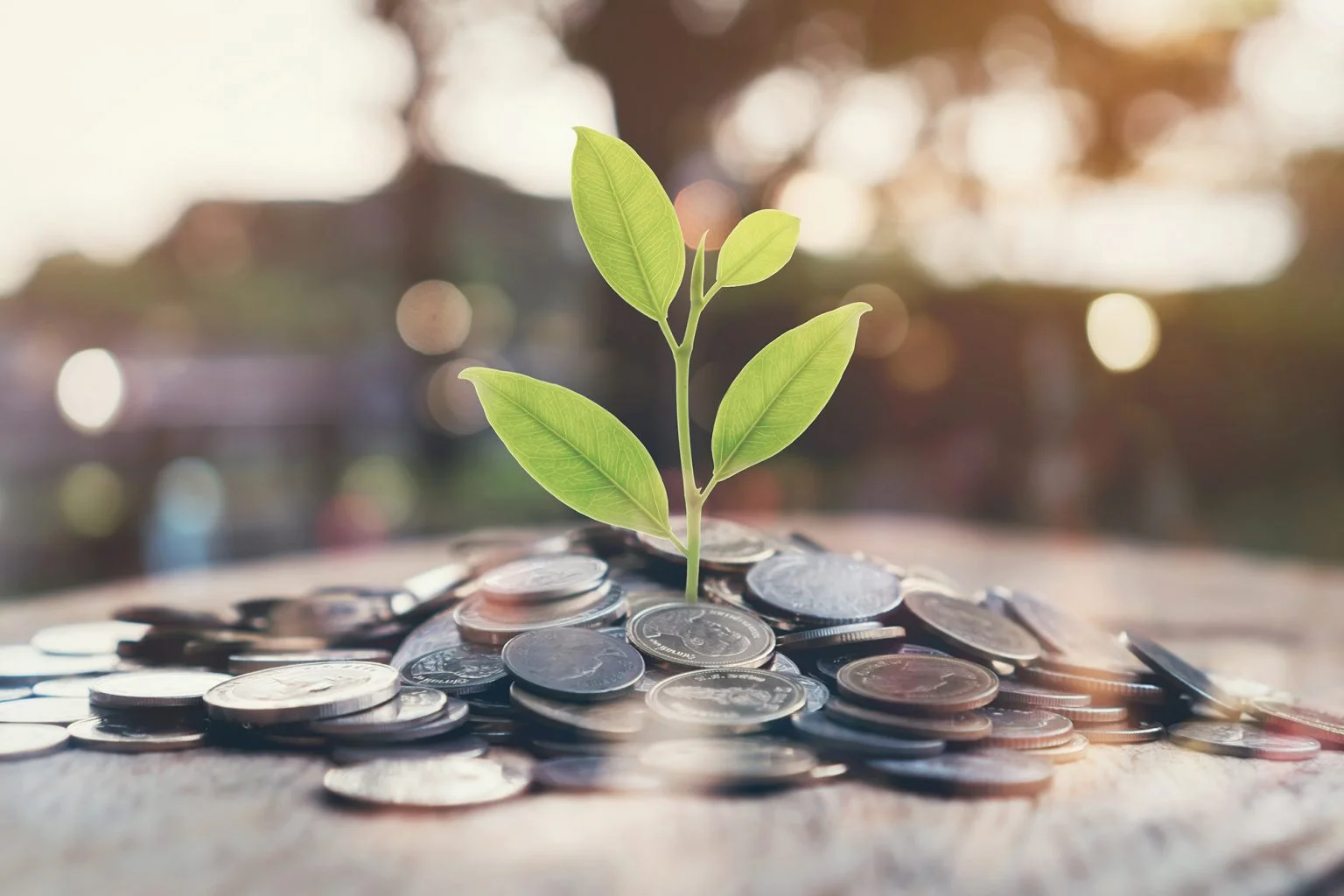 Plant growing out of a pile of coins