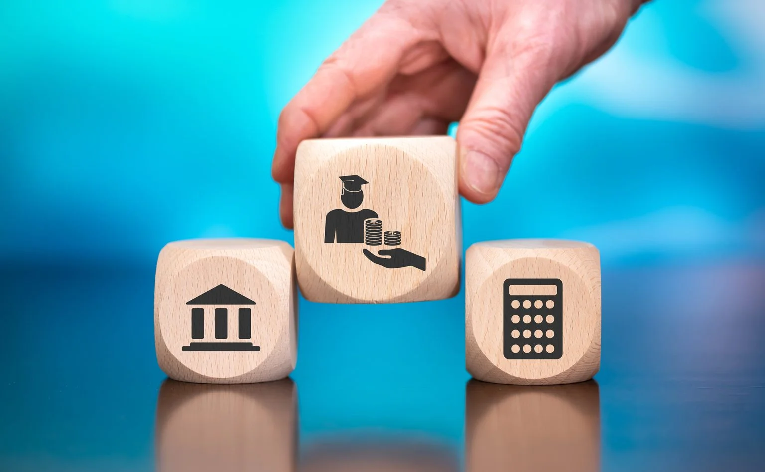 Wooden blocks with icons of a building, a person in a graduation cap, and a calculator