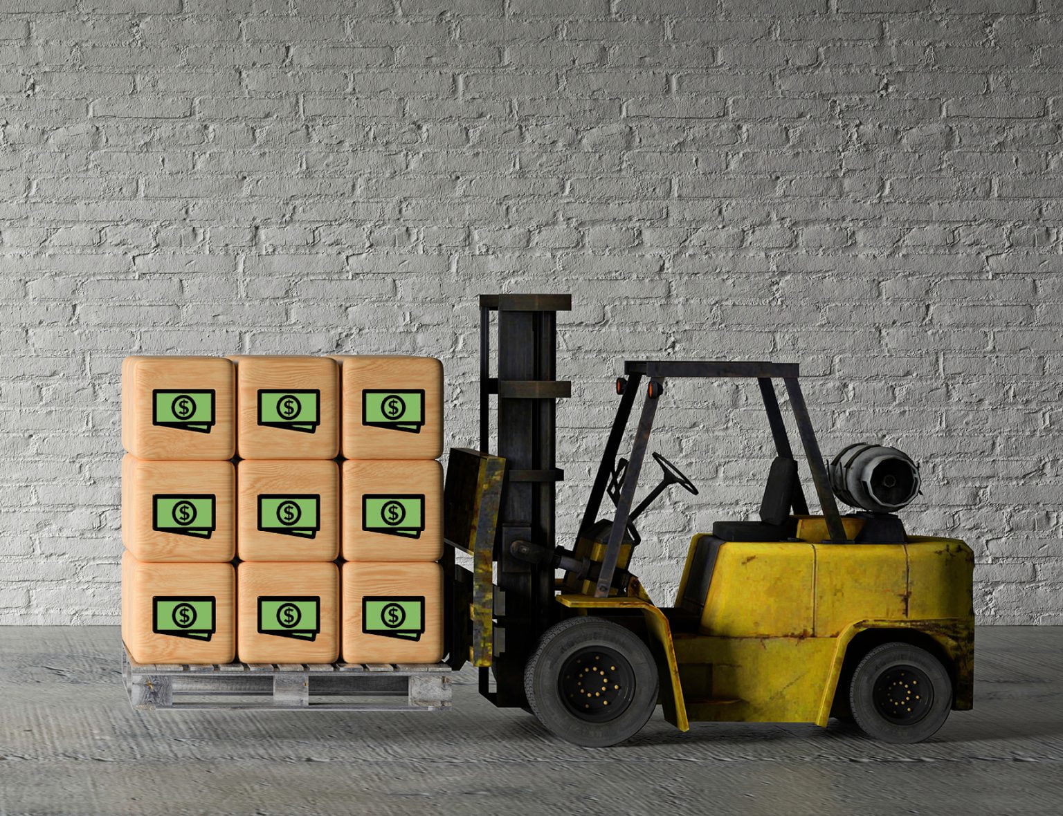 forklift in warehouse moving boxes with money symbols
