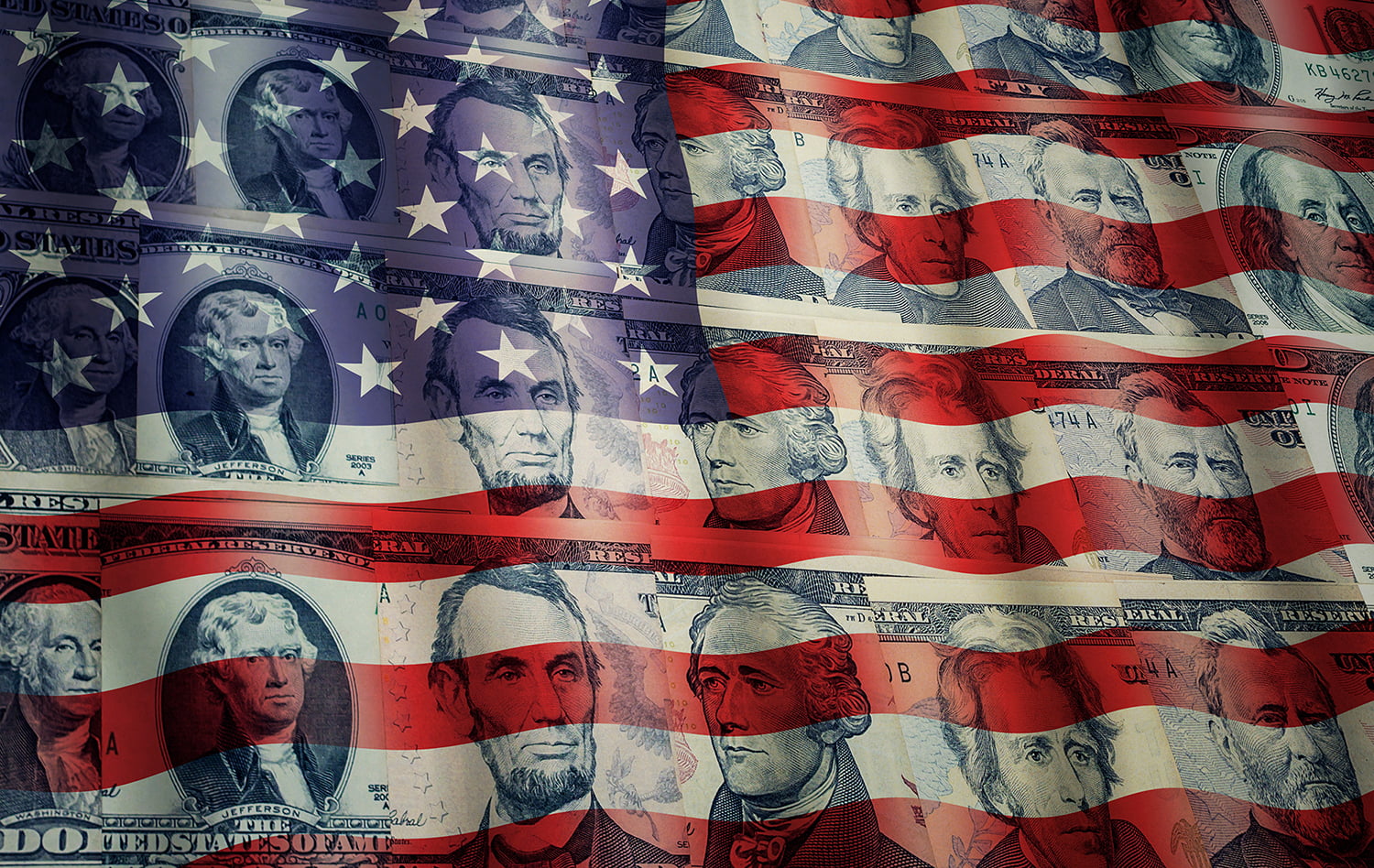 America’s Presidents on twisted banknotes money with America flag is background