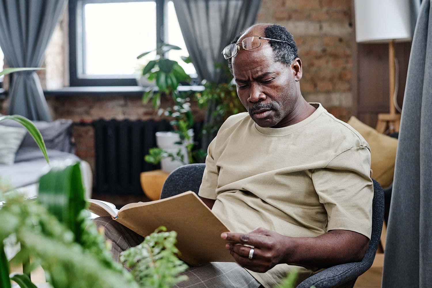 retired man sitting in armchair and reading curious book at leisure