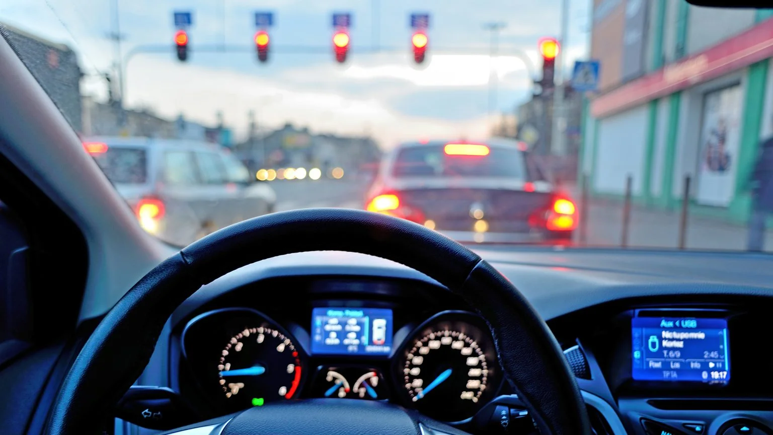 View of the interior of a car from the driver seat with a stop light in the background