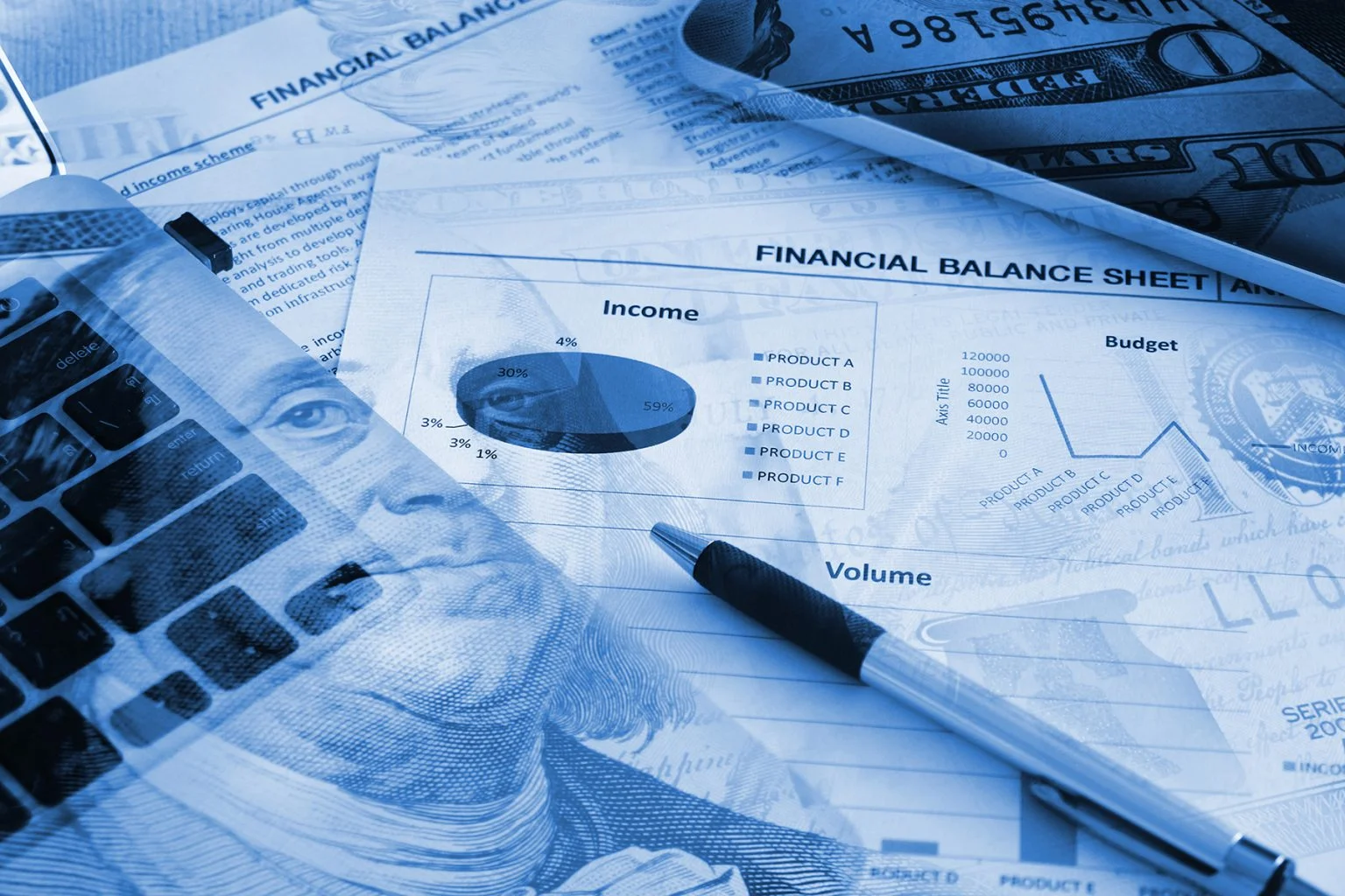 Double exposure Us banknote with Financial paper and work station on working table