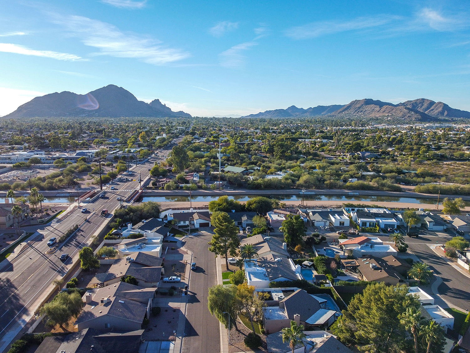 Aerial view of a neighborhood near a highway