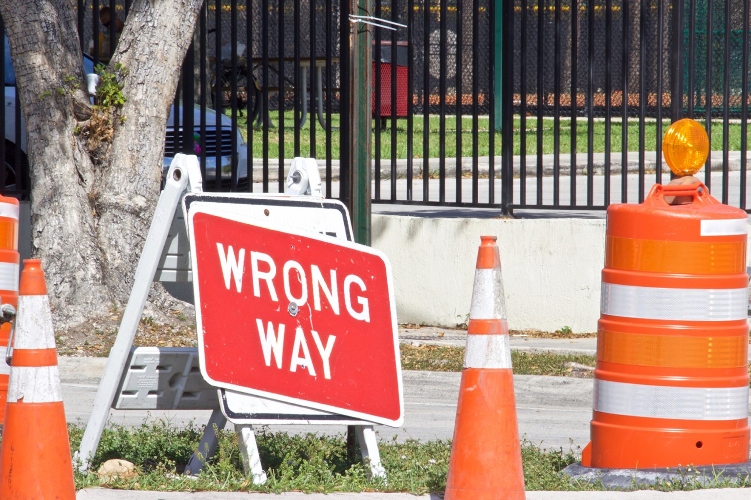 Orange traffic cones and Wrong Way Sign