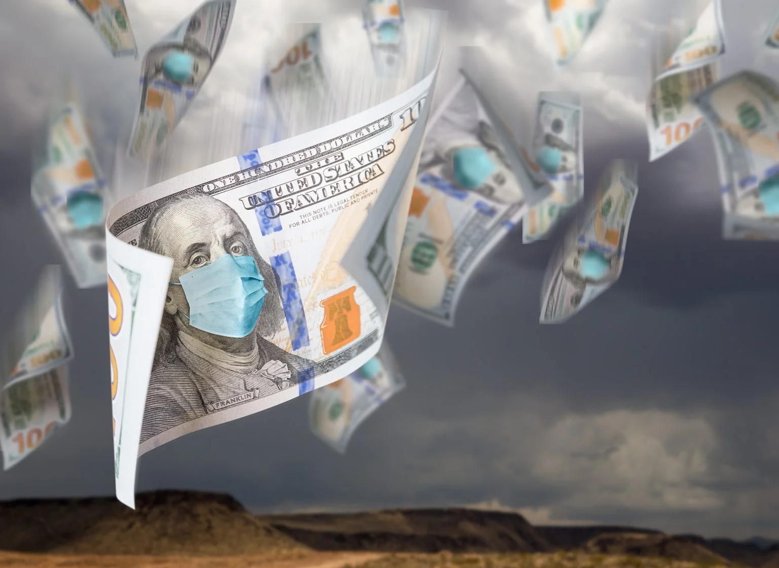 100 Dollar Bills with Face Mask Falling From Stormy Cloudy Sky