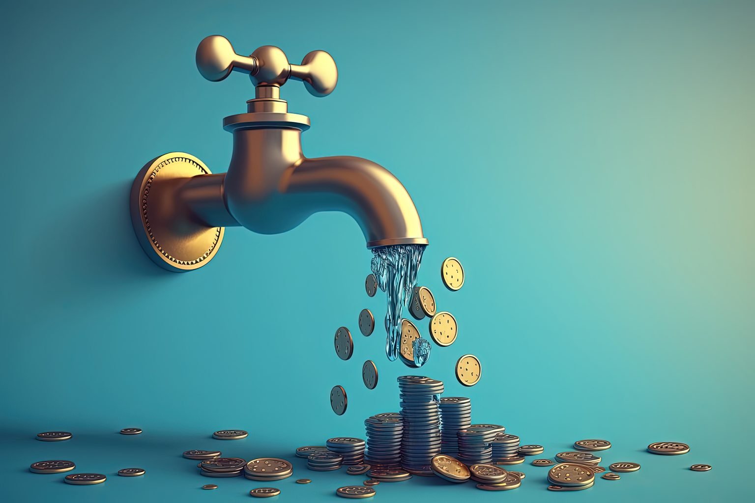 money falling from faucet, blue background