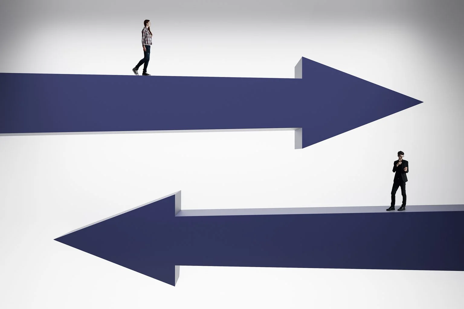 Businesspeople on blue arrows going in opposite directions
