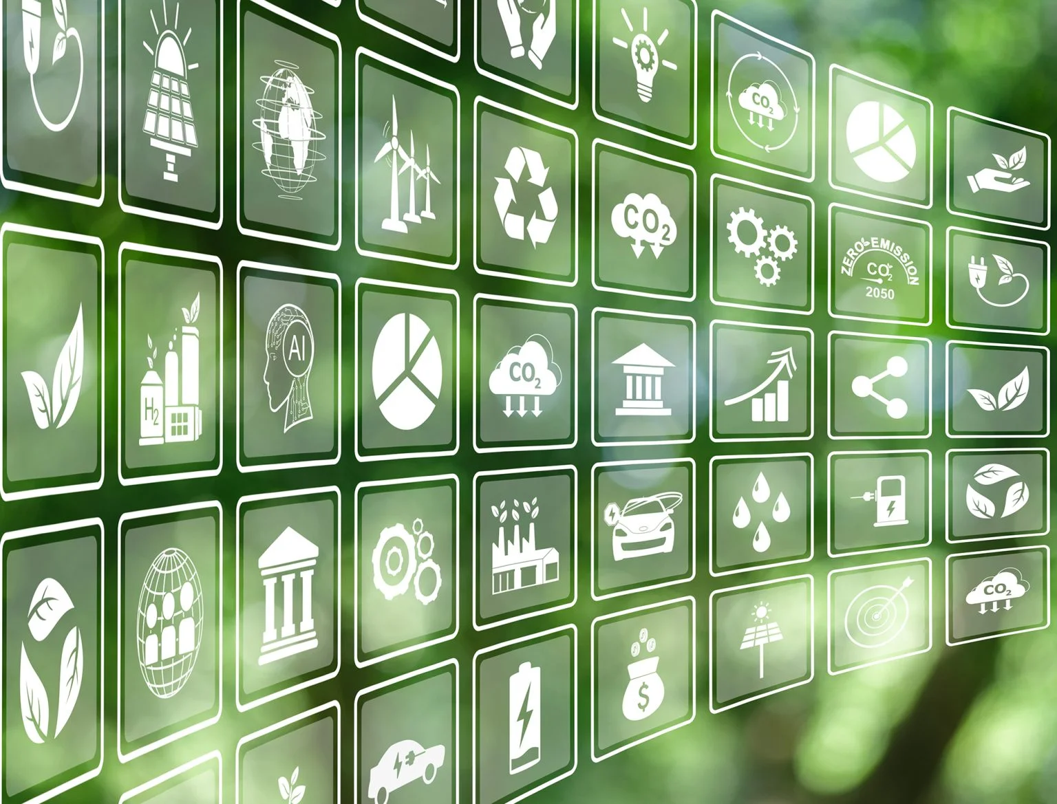 Virtual screen with icons of environmental concepts on green background