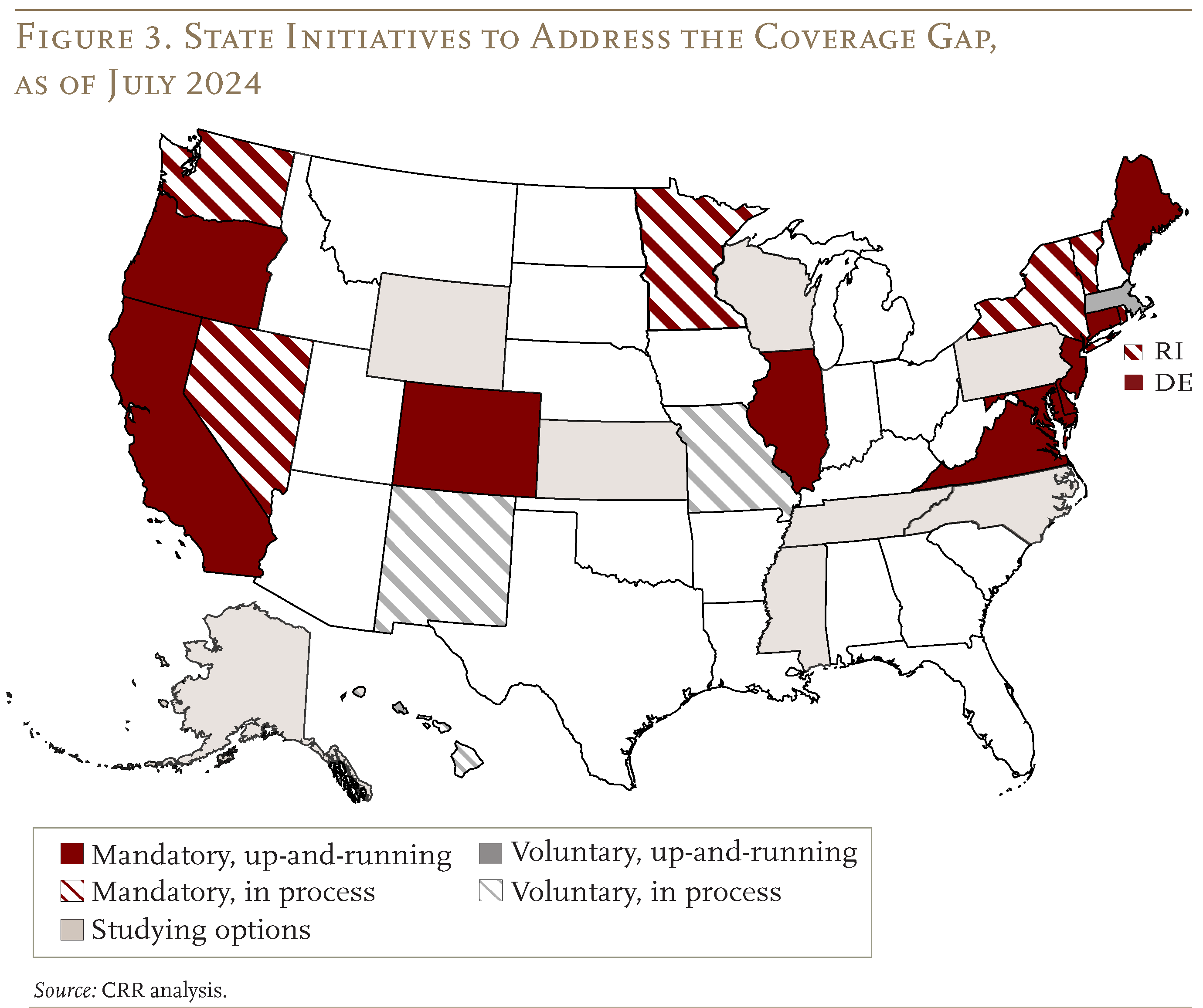 Map showing the state initiatives to address the coverage gap, as of July 2024.