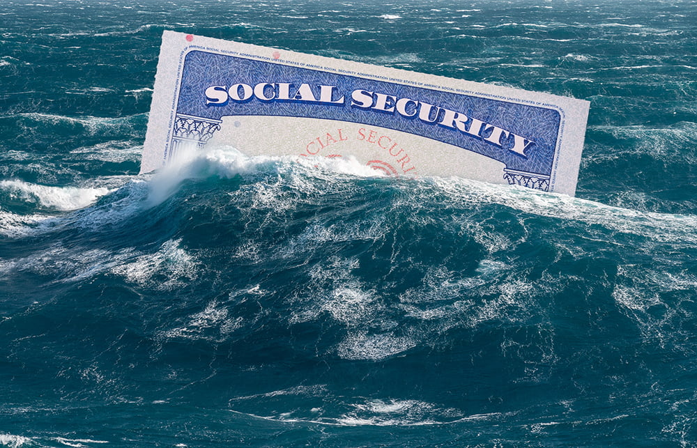 Social Security card treading water in waves