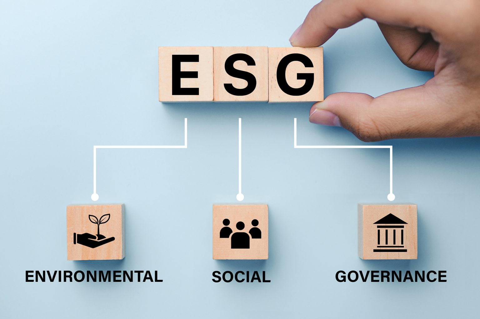 Hand putting wood cube in ESG icon concept for environmental, social, and governance