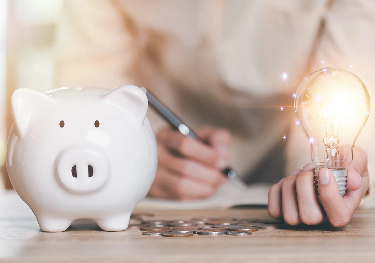 Woman behind a piggy bank holding a lightbulb