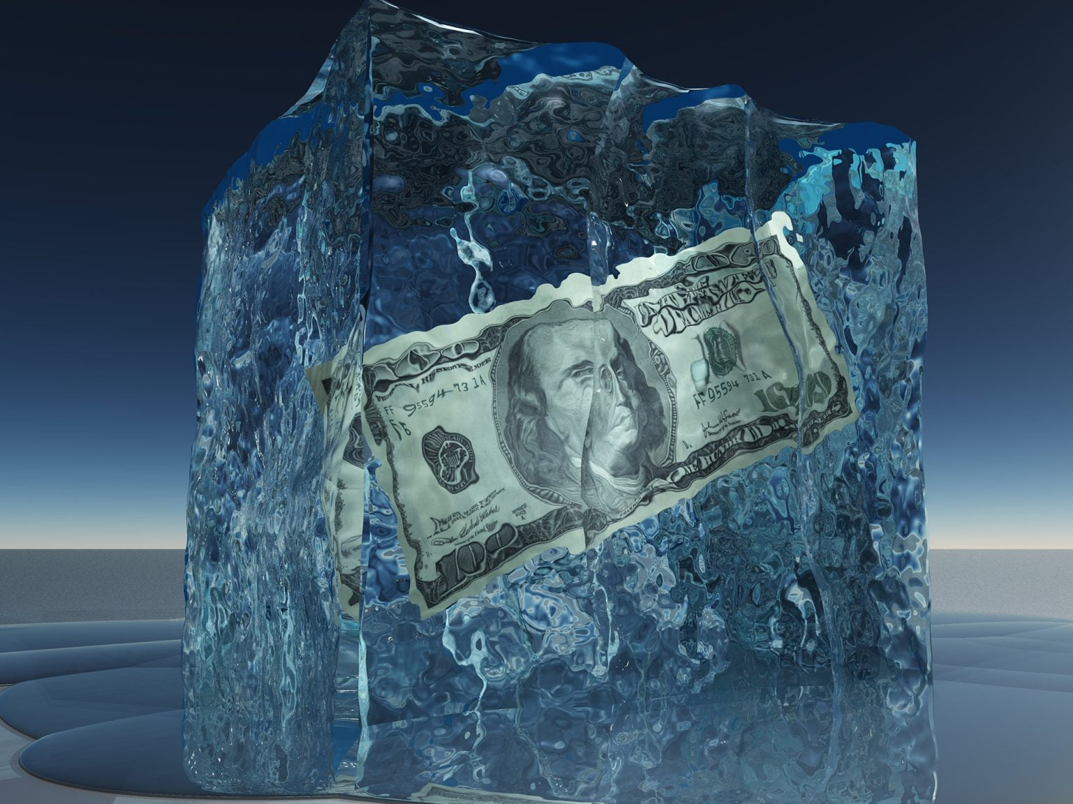 Dollar bill frozen in ice