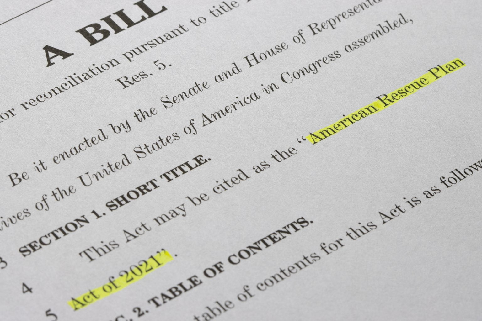 Close up of American Rescue Plan Act of 2021 bill