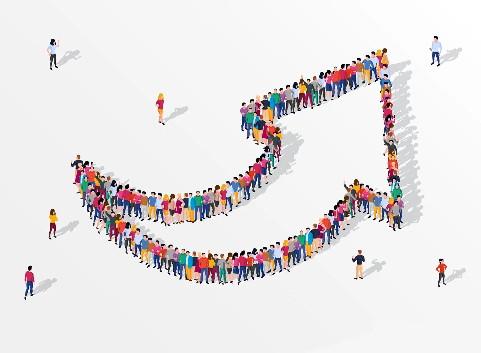 Large group of people in the shape of an arrow