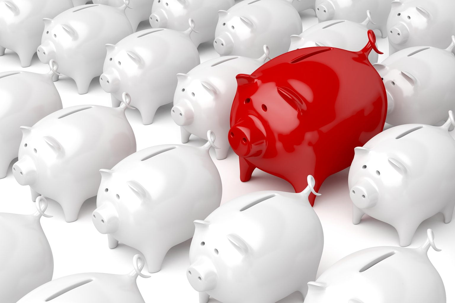 ows of white piggy bank with one larger red piggy bank