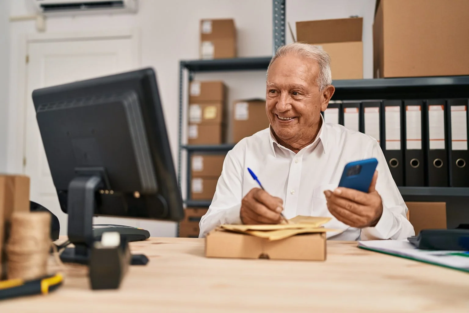 Senior man working on a computer writing on a notepad