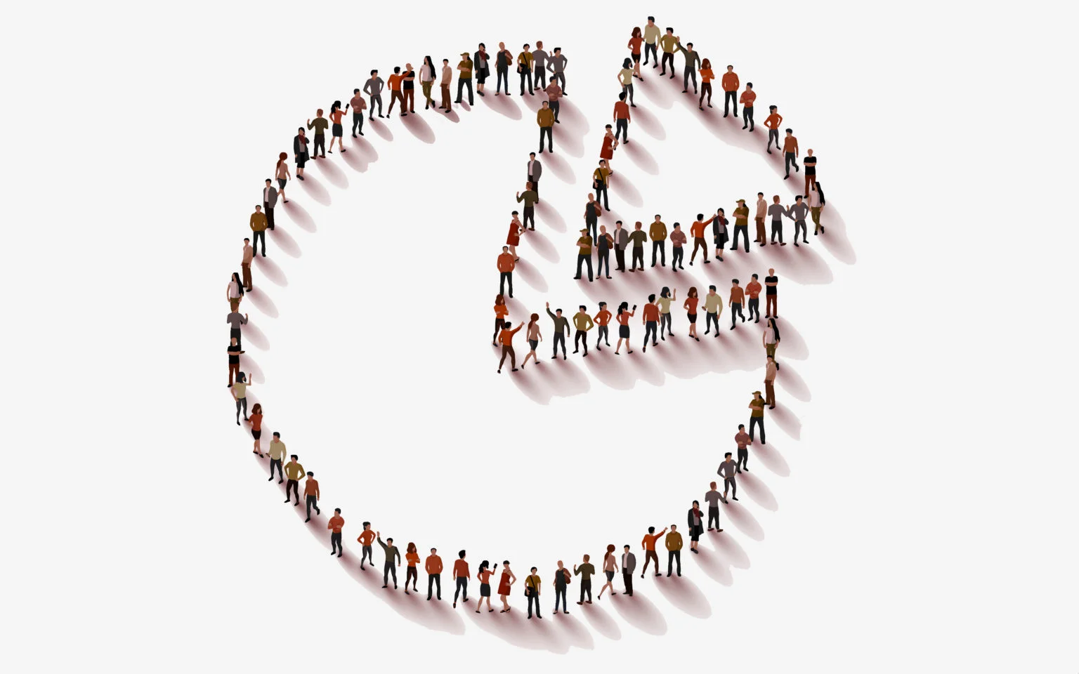 People standing in the shape of a pie with one slice coming out