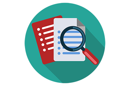 Icon of a magnifying glass over two papers on a green background