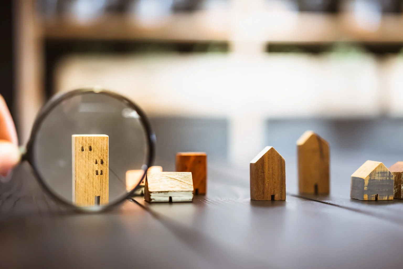Hand holding magnifying glass and looking at house model, house