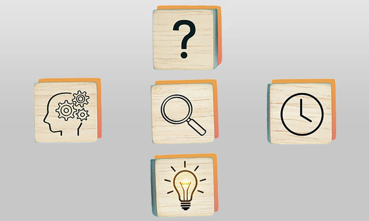 Blocks that show a question mark, magnifying glass, and bright light bulb