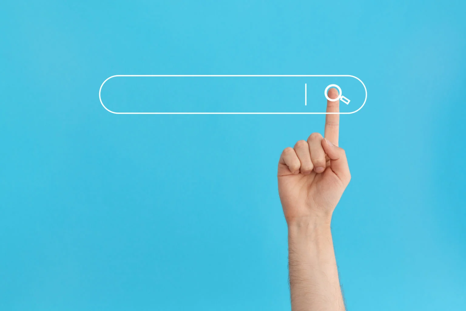 Finger presses the search button in the search bar on a blue background.