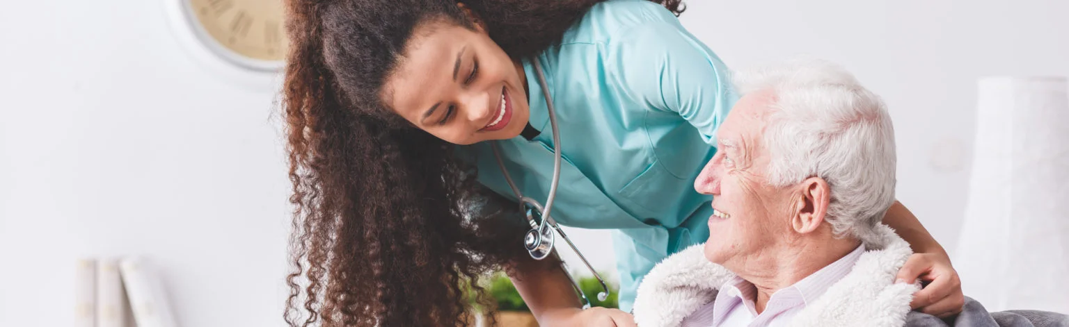 Panorama,Of,A,Happy,Nurse,With,A,Stethoscope,Covering,An