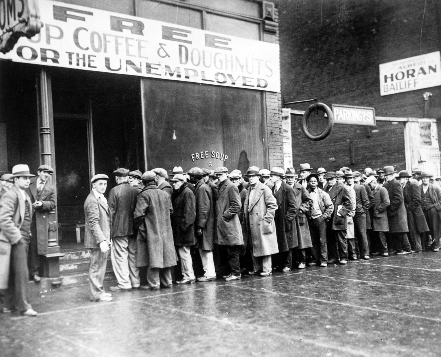The,Great,Depression,Unemployed,Men,Queued,Outside,A,Soup,Kitchen