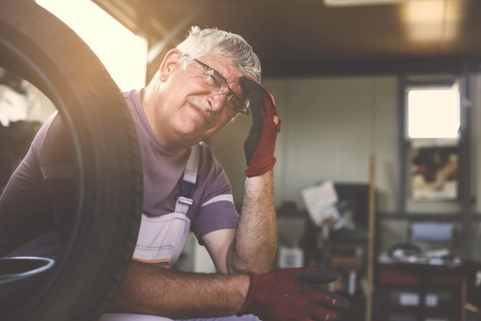 Senior man in workshop sitting and thinking