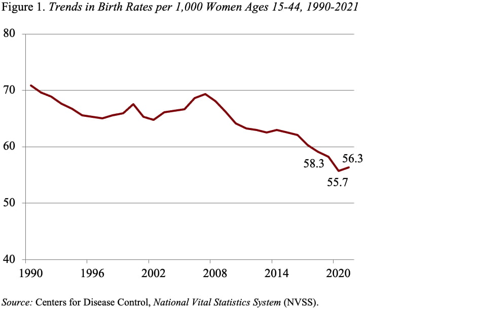 Line graph showing trends in birth rates per 1,000 women ages 15-44, 1990-2021