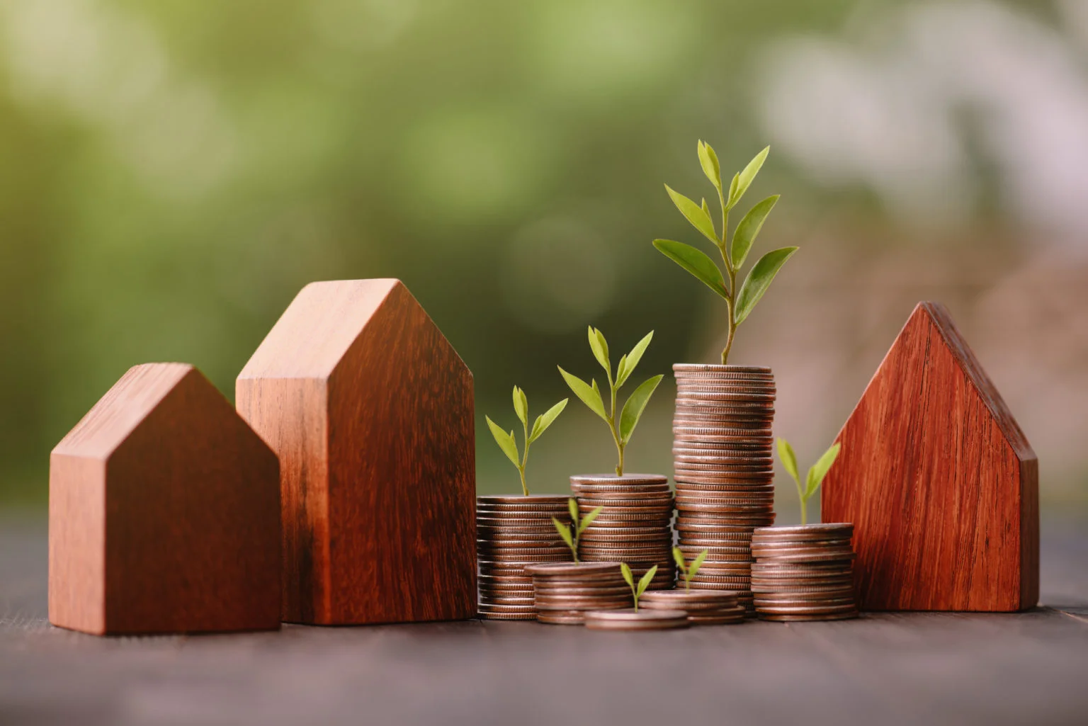Investment in the real estate business. Money coin stack growing