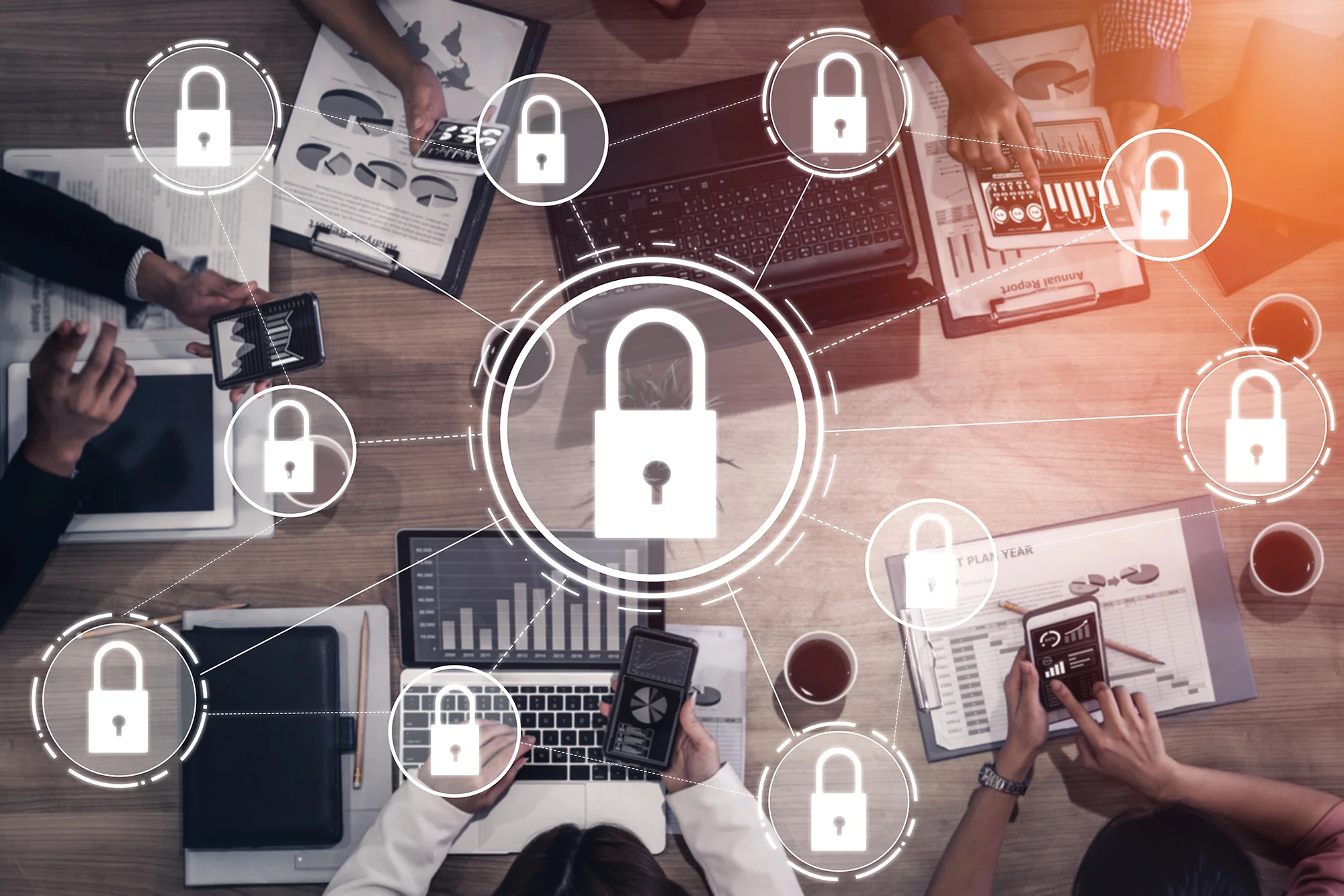 Icon graphic interface showing secure firewall technology for online data access defense