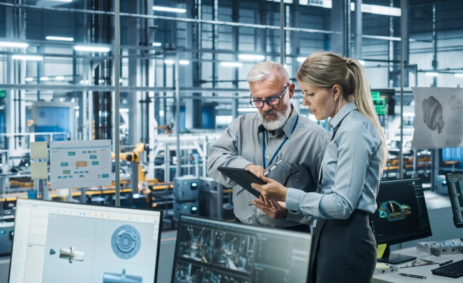 Car Factory Office: Manager Talks with Senior Engineer, Use Tablet Computer to Design Production Conveyor for Advanced Power Engines. Automated Robot Arm Assembly Line Manufacturing Vehicles