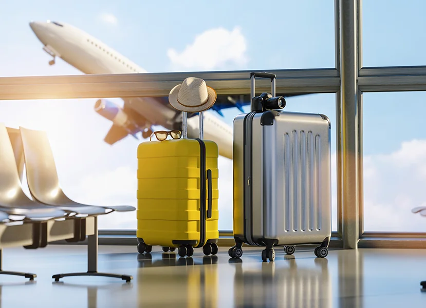 Two suitcases in the airport departure lounge,