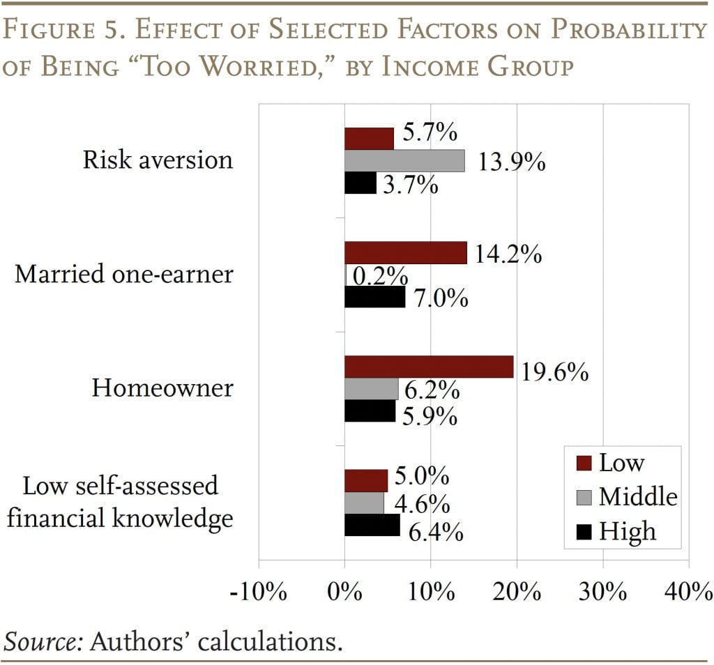 Bar graph showing the Effect of Selected Factors on Probability of Being “Too Worried,” by Income Group 