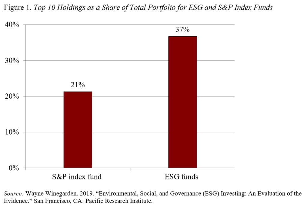 Bar graph showing the top 10 holdings as a share of total portfolio for ESG and S&P Index Funds