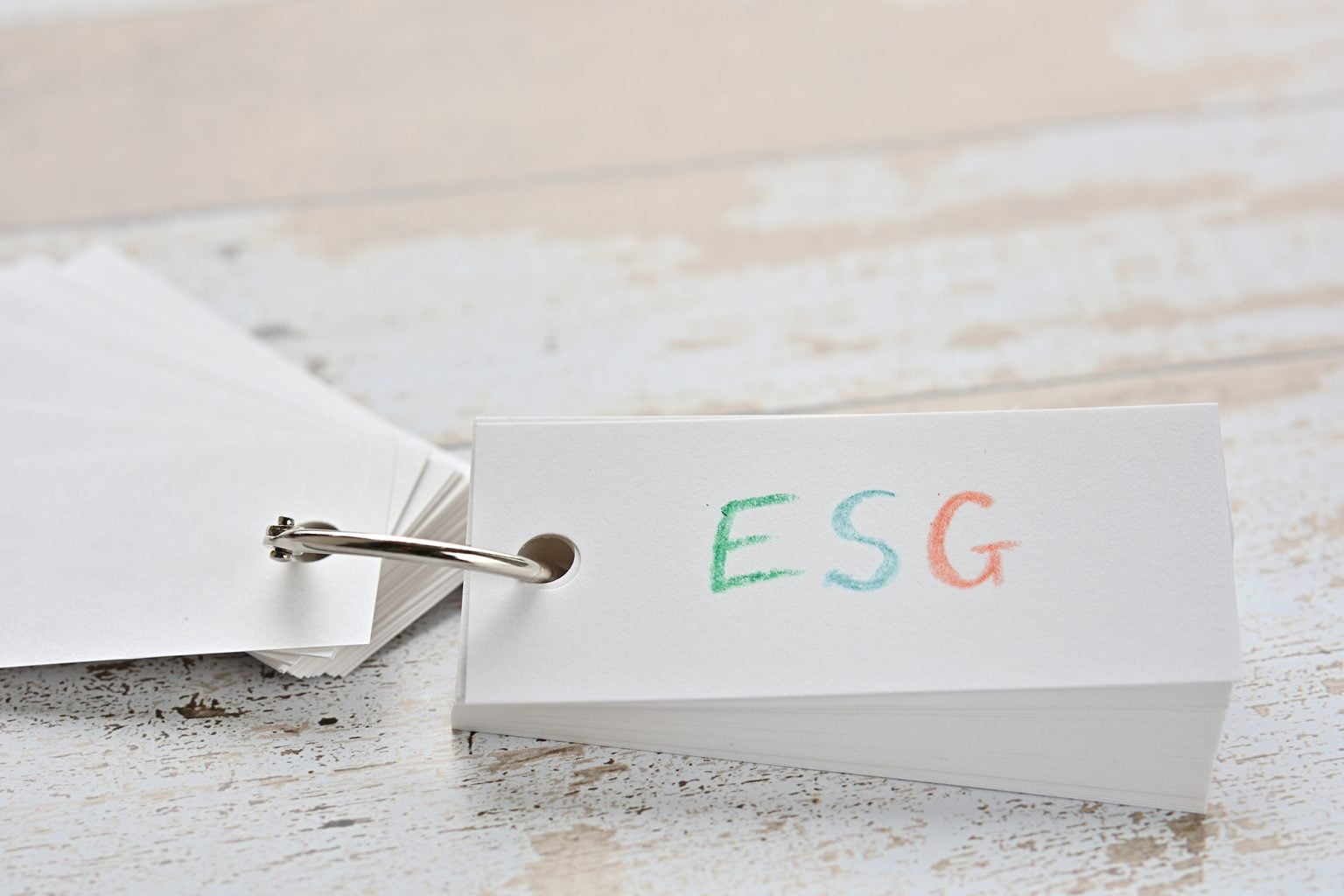 The words “ESG” written in a word book. Close-up. It is an acron