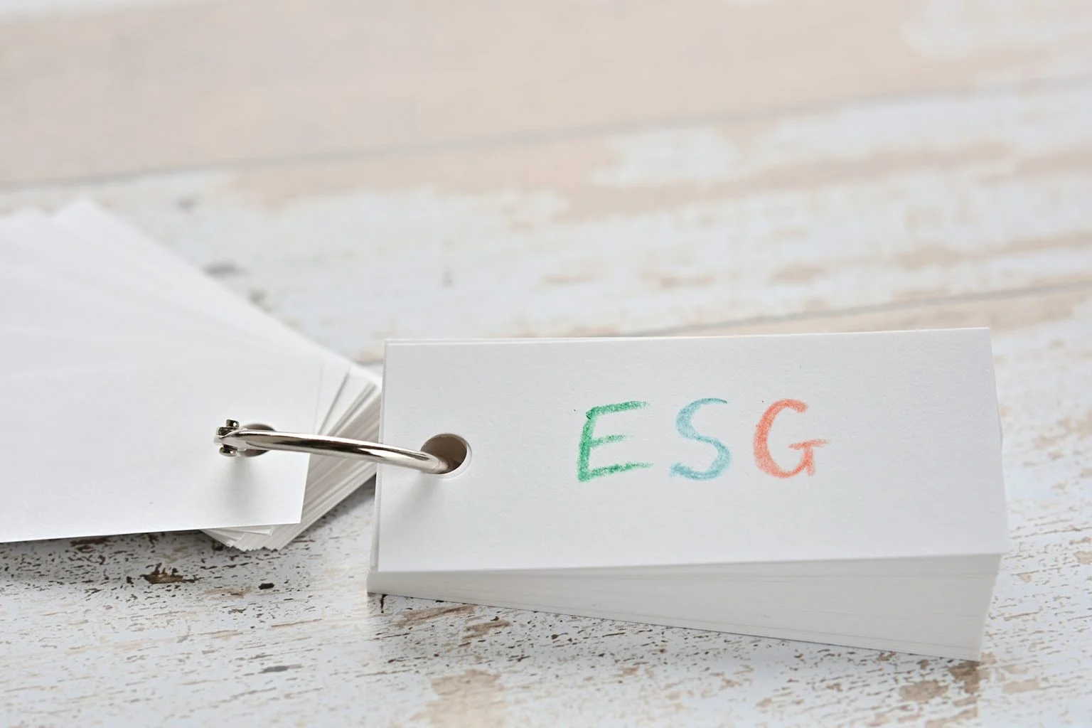 The words “ESG” written in a word book. Close-up. It is an acron